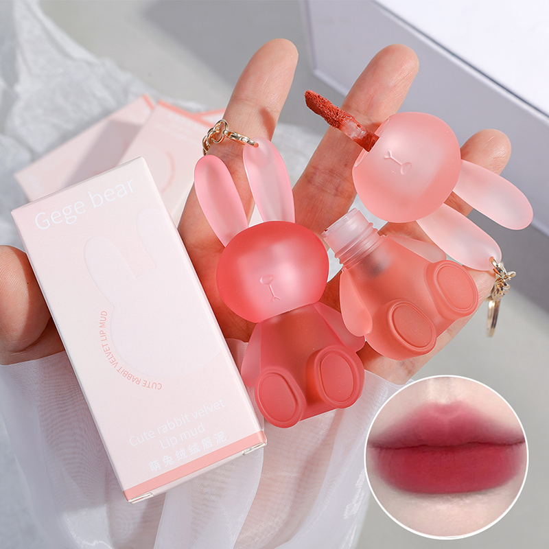 Cute Bear Keychain Nude Liquid Lipstick Velvet Matte Waterproof Lip Gloss Lasting Non-stick Lip Tint Makeup Pigment Cosmetic