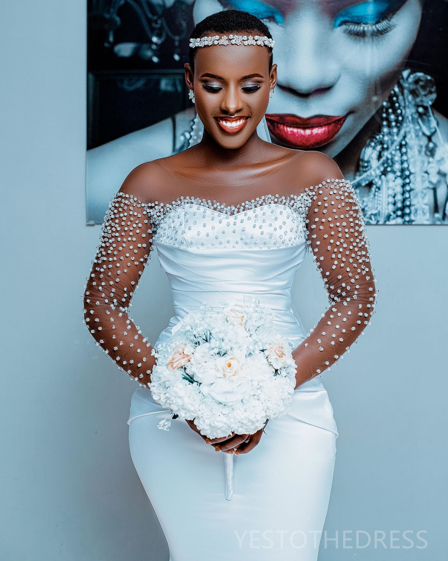2024 Mermaid Wedding Dress For Bride Bridal Gowns Long Sleeves Sheer Neck Rhinestones Beaded Pearls Crystals Ruffled Wedding Gowns for Black Women Mar