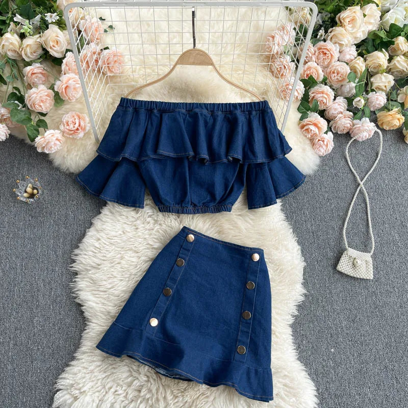 Women Jean Sets Matching Suits Woman Ruffles Buttons Tops Mini Skirt Two Piece Set Slash Neck Flare Sleeve Female Clothing 240627