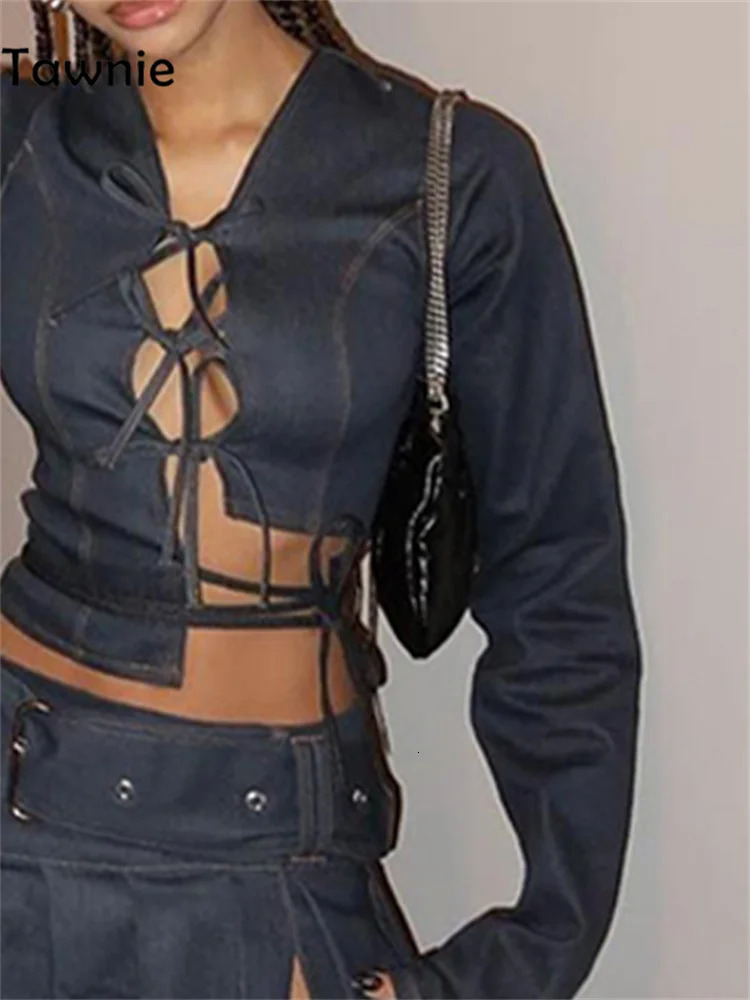 Tawnie Skirt Sets Denim Suit Sexy Crop Top And Mini Hollow Out Tie Up Split Long Sleeve Autumn Women Streetwear Club 240627