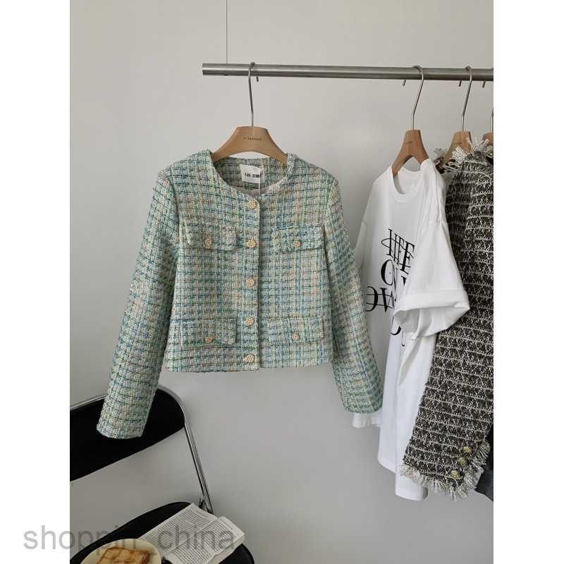 Women Jackets Coats Green checkered small fragrant coat for women's spring and autumn new style elegant lady woven short top