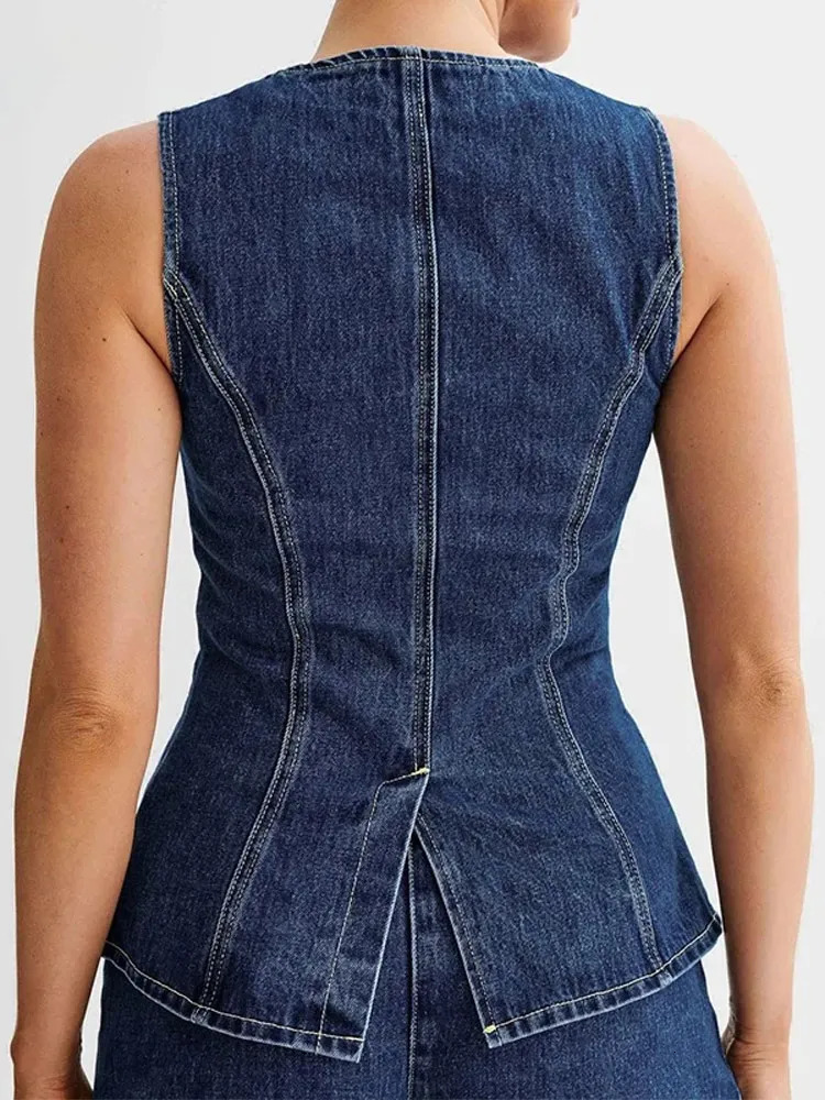 Fashion Denim Shorts Outfits Women Elegant O Neck Sleeveless Singlebreasted Split Top Highwaisted Short Set Lady Street Suit 240618