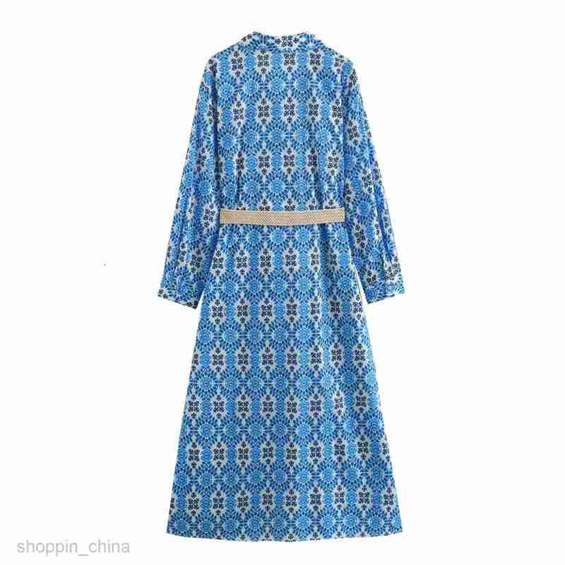 Basic Casual Women Dresses Summer Women's Vacation Style with Belt, Long sleeved Lapel, Printed Dress, Skirt F6471