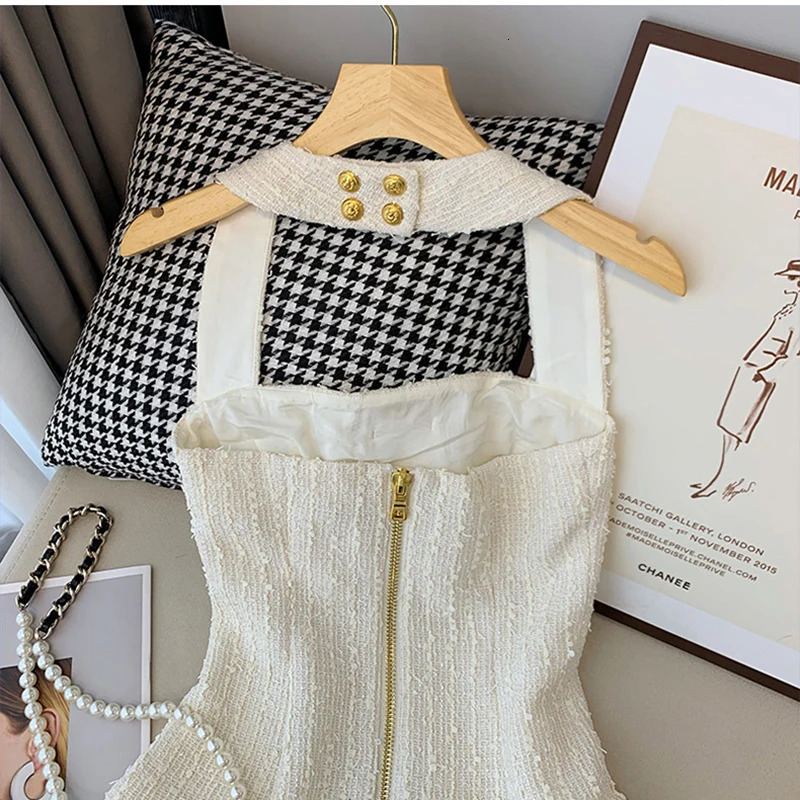 Korean Sweet Tweed Small Fragrance Tweed Dresses For Women Fashion Summer Dress sweet Sexy Party Dress 240625