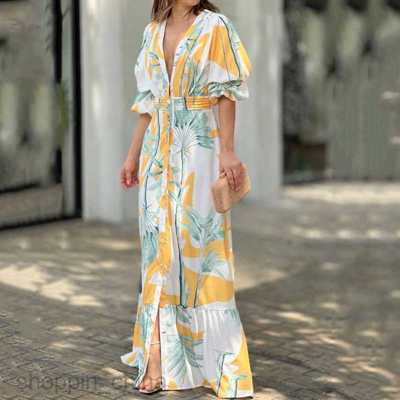 Basic Casual Women Dresses Women's Fashion V-neck Bubble Sleeves Wrapped Waist Printed Long Dress