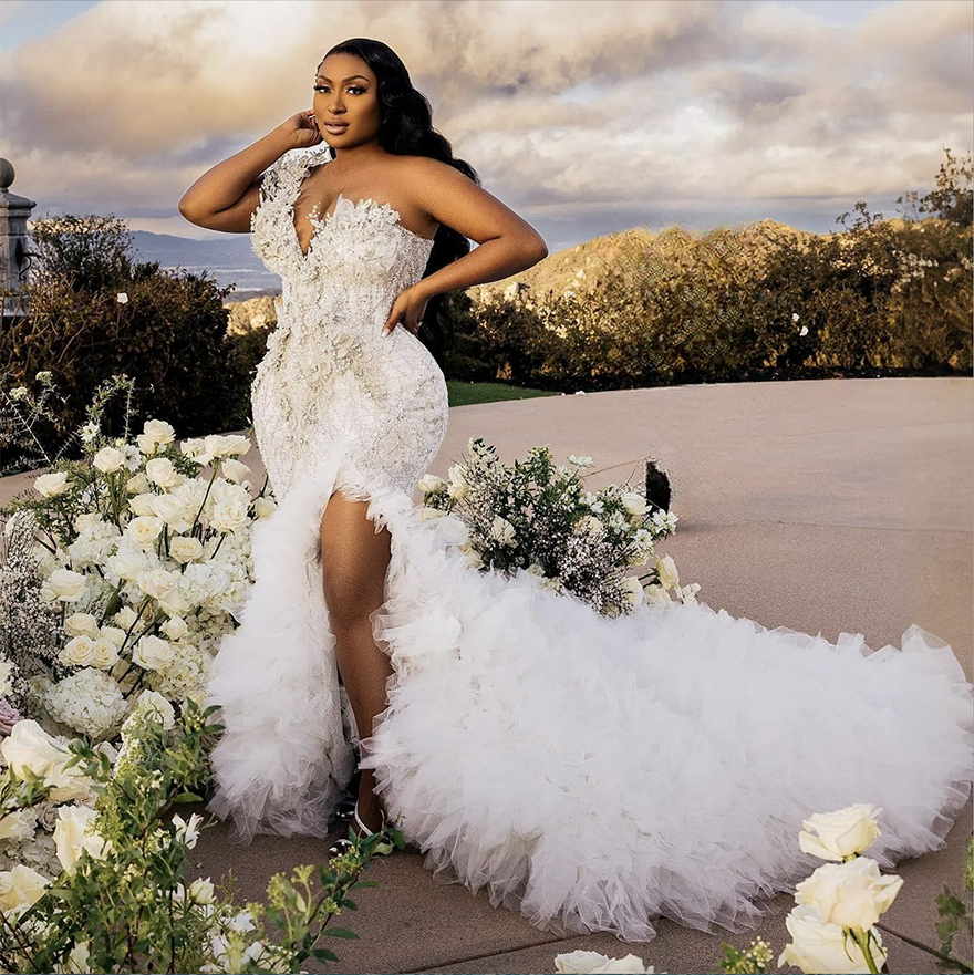 Plus Size Mermaid Dress Bridal Bride Illusion Sheer Neck Bead Pearls Rhies Decorated Side Split Ruffles Wedding Gowns For Marriage