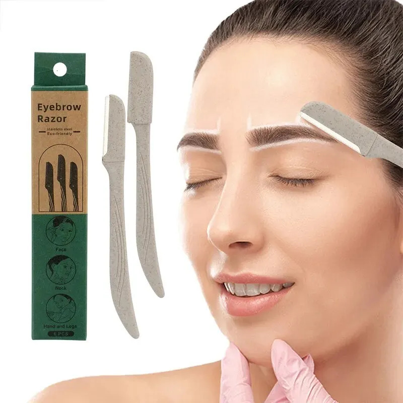 6pcs Wheat Straw Environmentally Biodegradable Eyebrow Razor Stainless Steel Macro Eyebrow Trimmer Razor Shaving Tool 240627