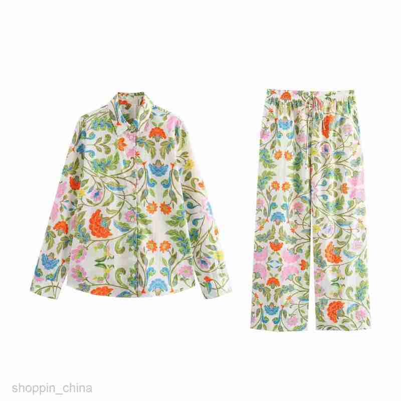 Women Two Piece Sets Pants Summer Women's Lapel Loose Print Long sleeved Shirt+Pants Casual Fashion Set
