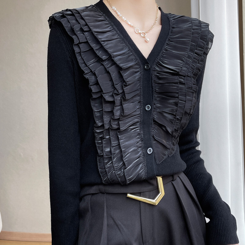 100 pure woolen women's loose V-neck base top black style small blouse organza peplum cashmere sweaterF6.28#64