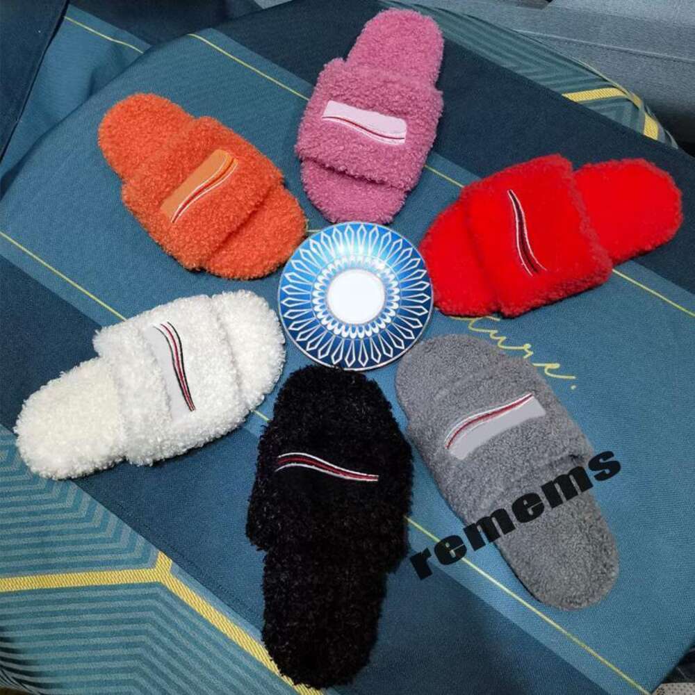 winter Men Cartoon slippers Hotel bedroom fashion Lazy black white letter women designer shoes sexy Flat Lady 100% keep warm wool flops Large size 35-42- us4-us10 With box