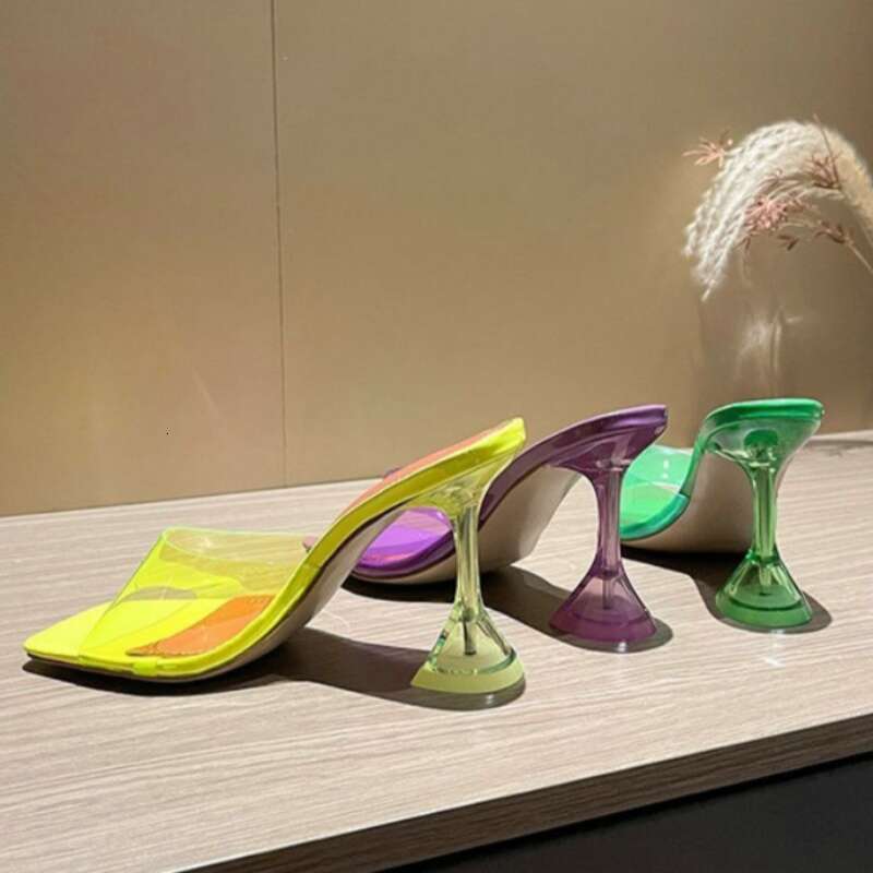 2024 New Summer Square Head Slippers Temperament Niche Wine Glasses Heel Comfortable Open-Toe Sandals High Heels Kq3