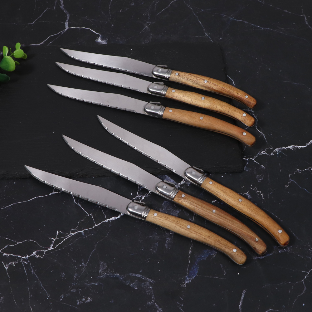 Jaswehome 6-Piece Serrated Steak Knives Set Dinner Knife Cutlery Solid Wood Handle Full Tang Steel Laguiole Table Knife Sharp