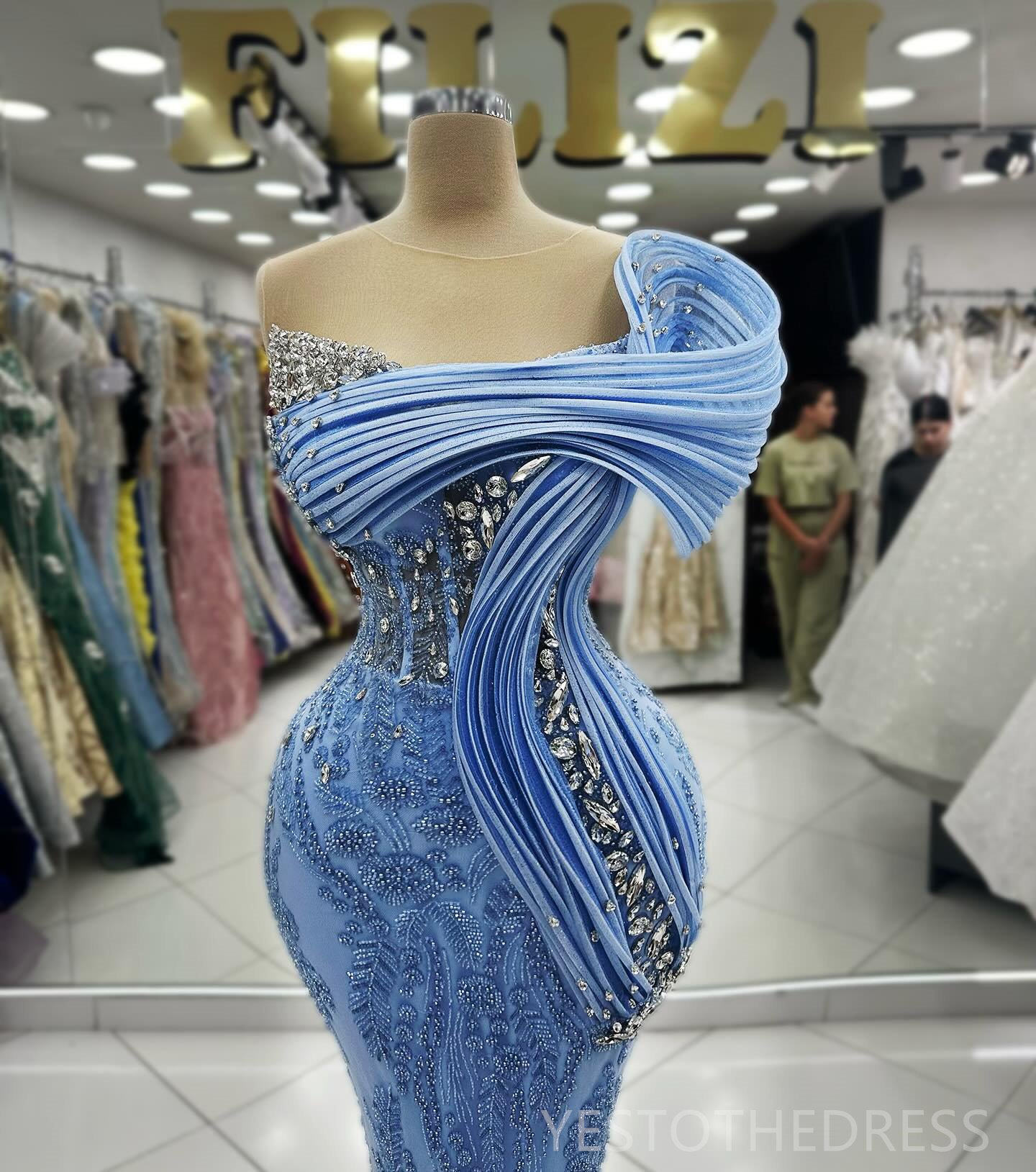 2024 Blue Mermaid Prom Dress Illusion Promdress Evening Formal Gowns for Special Occasion Beaded Rhinestones Lace Birthday Dress Second Reception Gown