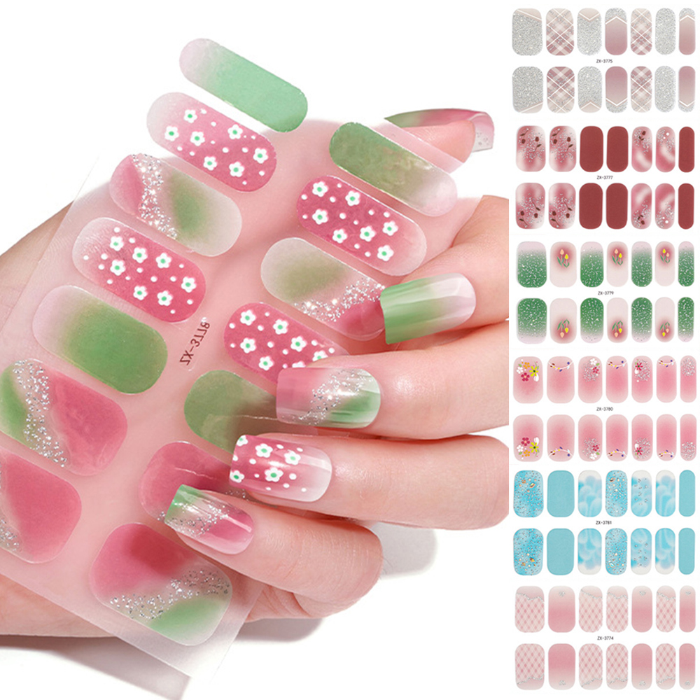 1 Sheet Gel Nail Strips Semi-cured 3D Full Cover Nail Stickers Sweet Fresh DIY Long Lasting DIY Waterproof Nail Wraps UV Lamp