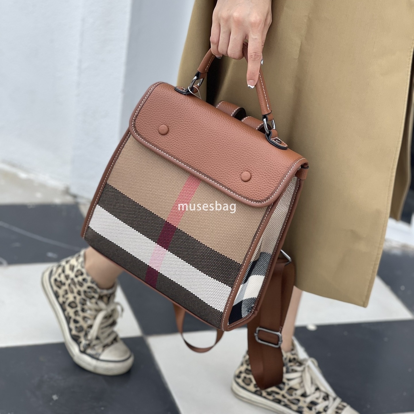 New atmospheric and fashionable top layer cowhide plaid color contrasting one shoulder portable versatile backpack for women 93cd 4