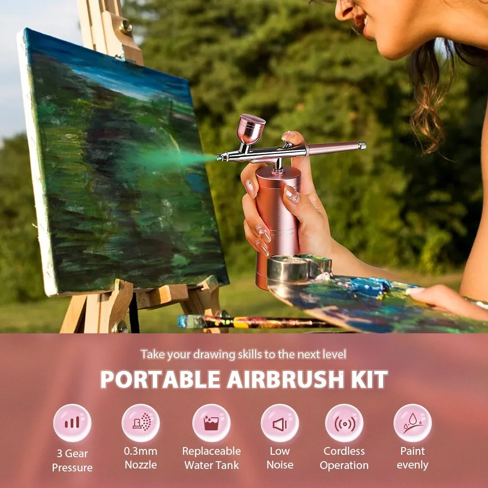 Top 0.m Pink Mini Air Compressor Kit Air-Brush Paint Spray Gun Airbrush For Nail Art Tattoo Craft Cake Nano Fog Mist Sprayer 240627