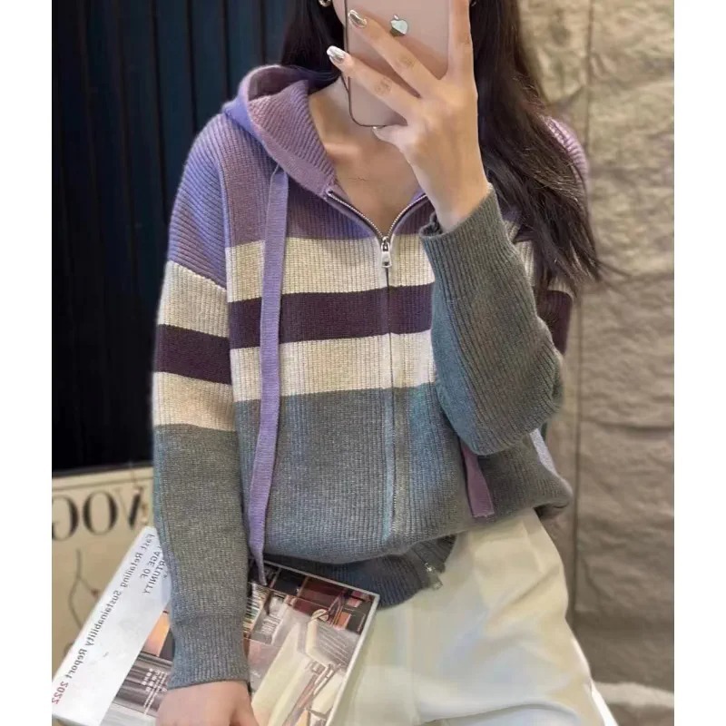 Western style striped double zipper hooded cashmere knit cardigan coat women spring and autumn loose wool hoodie F6.28#97.5