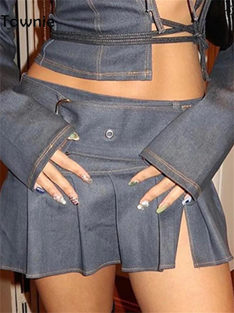 Tawnie Skirt Sets Denim Suit Sexy Crop Top And Mini Hollow Out Tie Up Split Long Sleeve Autumn Women Streetwear Club 240627