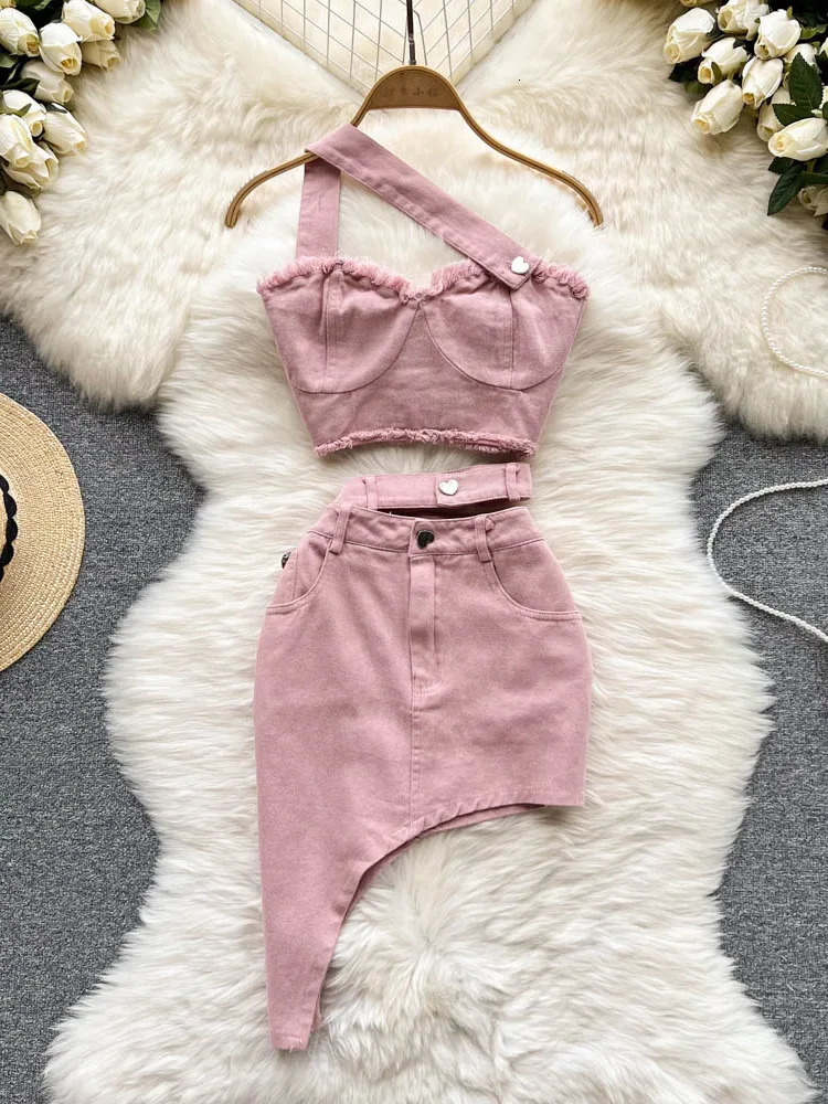 Summer Pink Denim Sexy Women Sets Elegant Zipper Suspenders Tops Sashes Button Pocket Irregular Slash Neck Slim Two Piece Set 240627