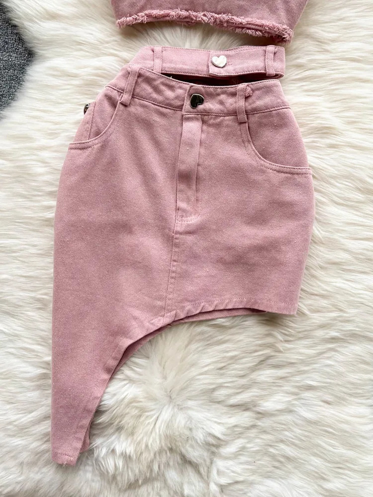 Summer Pink Denim Sexy Women Sets Elegant Zipper Suspenders Tops Sashes Button Pocket Irregular Slash Neck Slim Two Piece Set 240627