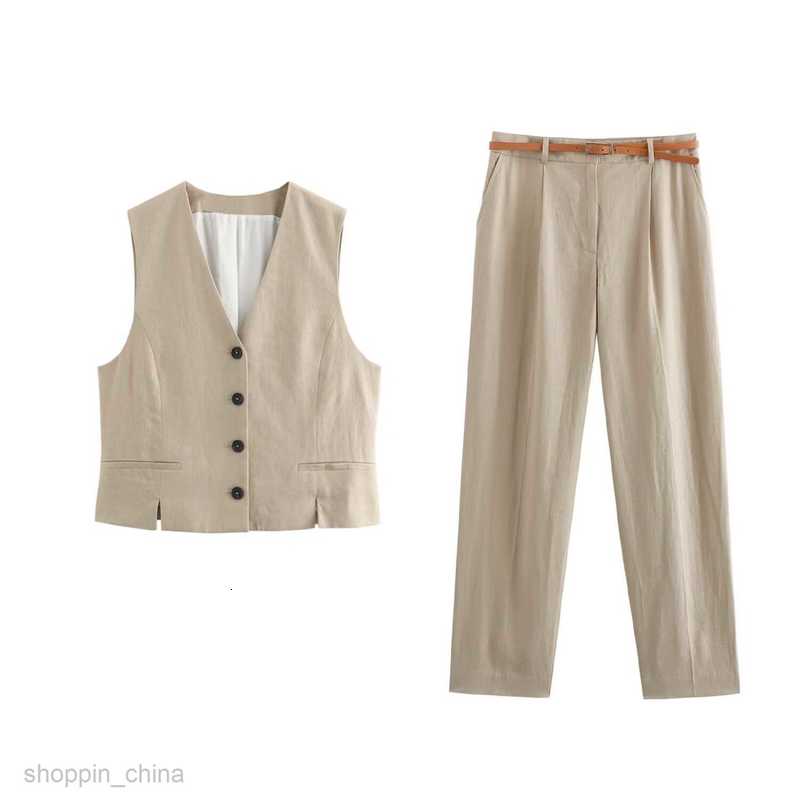 Women's Two Piece Sets Pants Summer New Women's V-neck Slim Fit Vest+Belt and Pants Set F6414