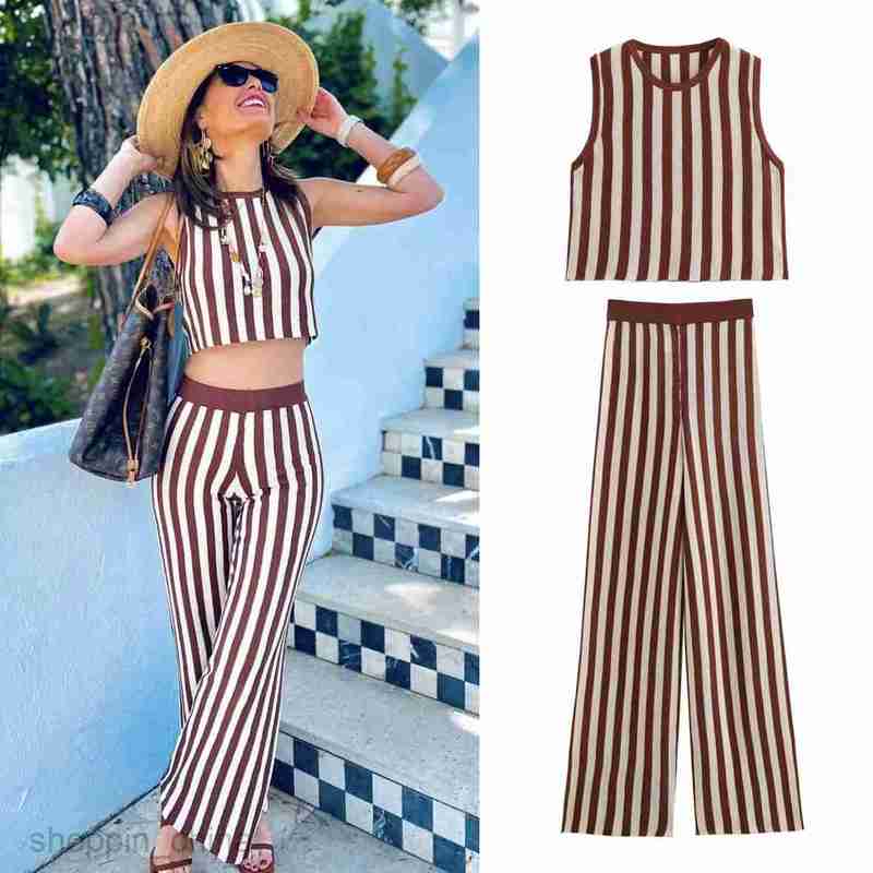 Women's Two Piece Sets Pants Small Fragrance Style Celebrity Knitted Fashion Set Women's Stripe Top Casual Wide Leg Pants Two Piece Set B8