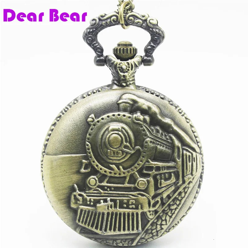 100412pcs/lot Bronze Railroad Steam Train Head Quartz Pocket Watch RIB Necklace FOB Chain 240626