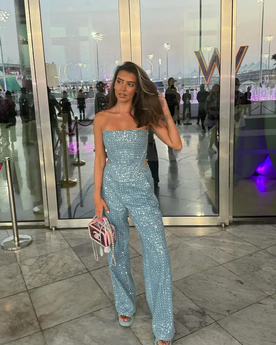 Fashion Sequins Denim Set Women Strapless Tunic Waist Crop Top and Wide Leg Pant Suit 2 Piece Sets Outfits Tracksuit 240618