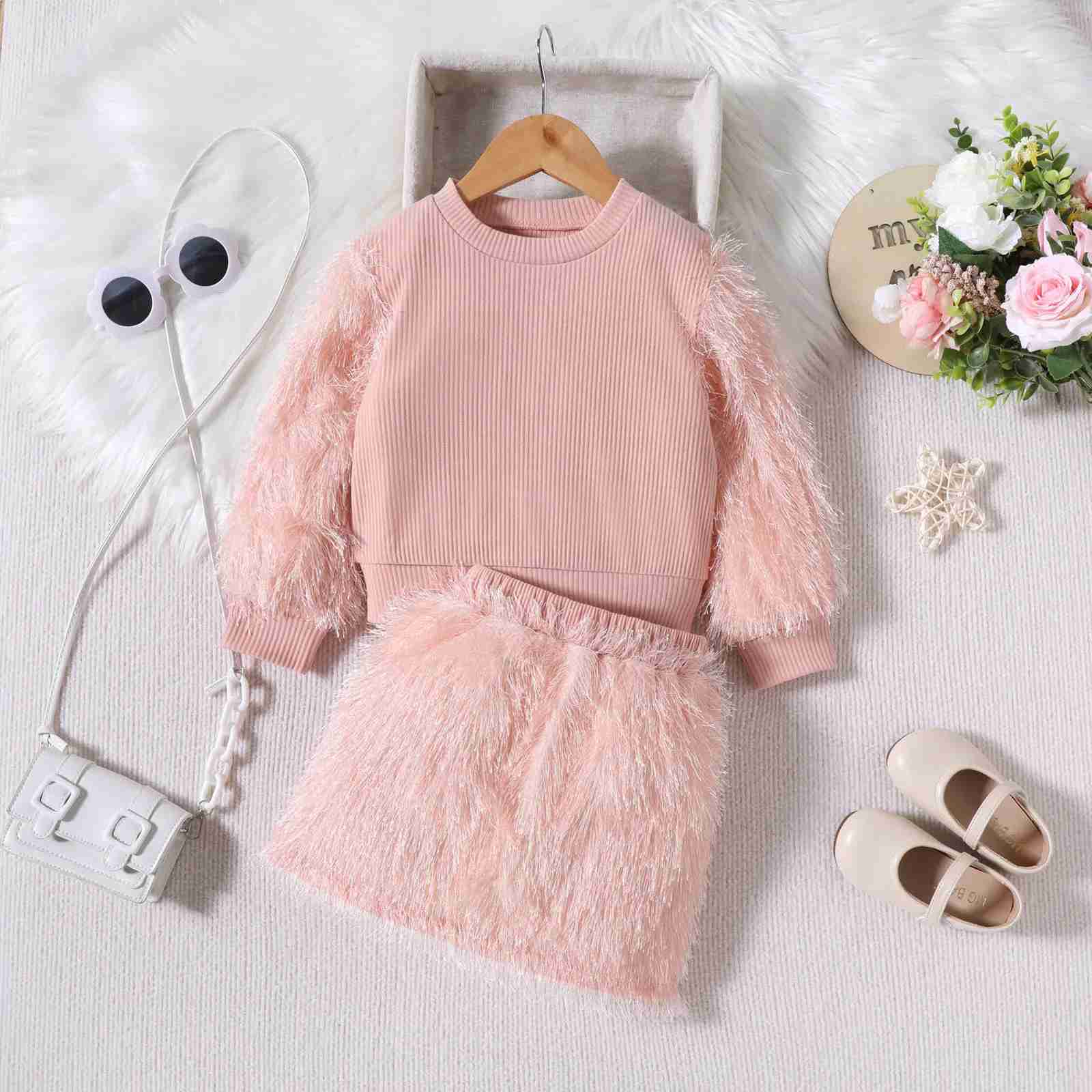 Pajamas Baby girl autumn clothing childrens long sleeved ribbed T-shirt top camouflage wool dress 2PCS clothing set conguntos para ni os WX5.31
