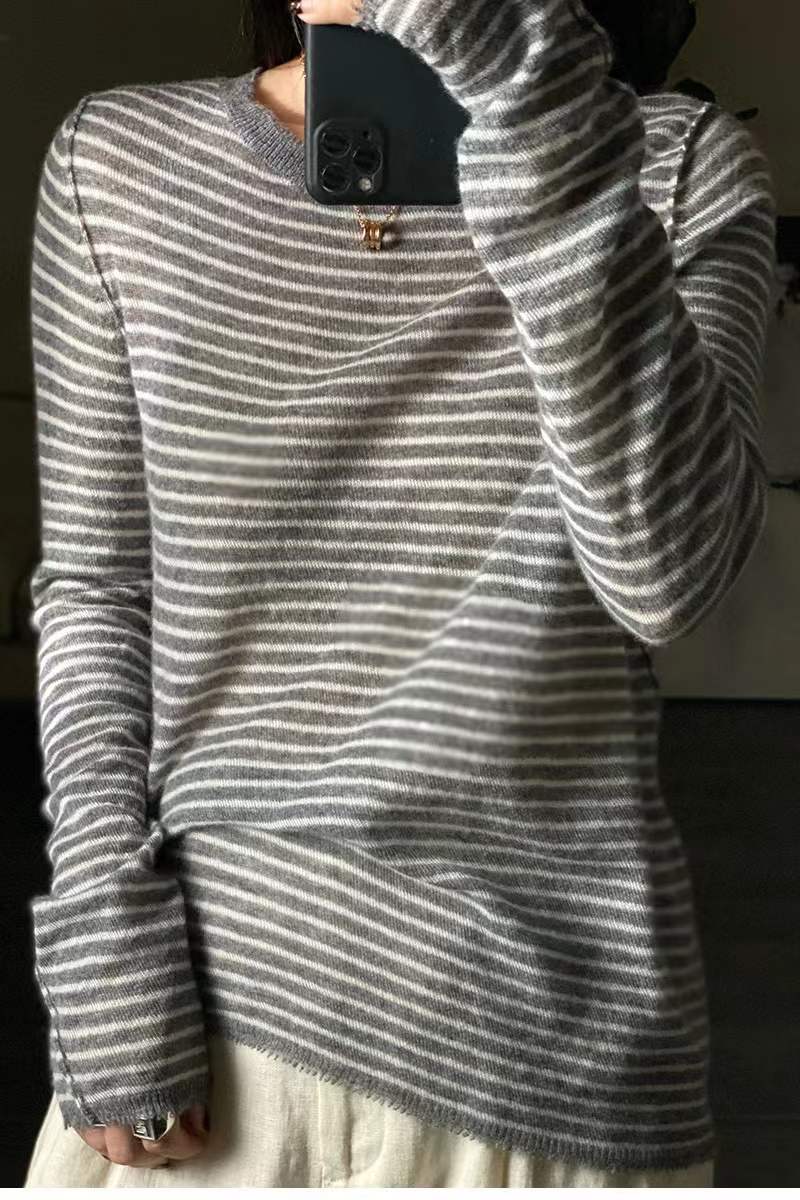 European goods 100% pure wool female spring autumn thin crewneck striped knit cashmere sweaterF6.28#50