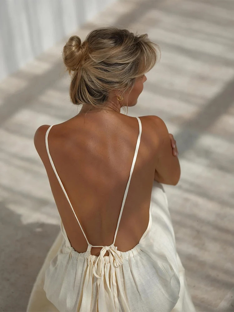Women Sexy Solid Backless Lace Up Sling Long Dress Elegant Round Neck Sleeveless Loose Robes Casual Lady Vacation Beach Wear 240627