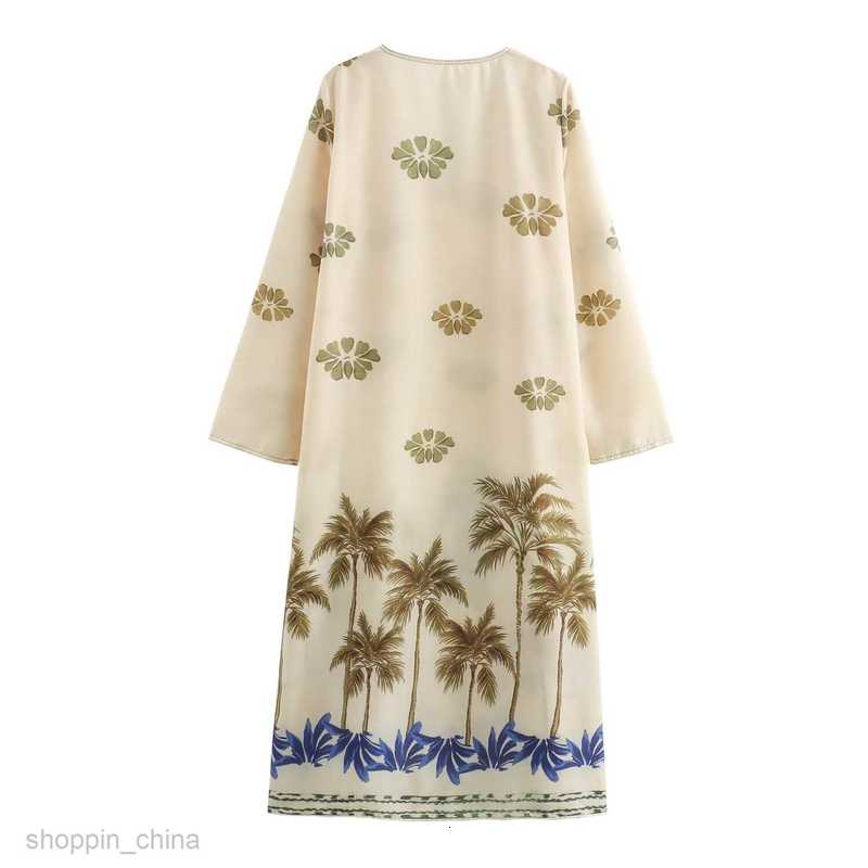 Basic Casual Women Dresses Summer Women's V-neck Fashion Plant Print Long Skirt Long sleeved Temperament Dress B481405
