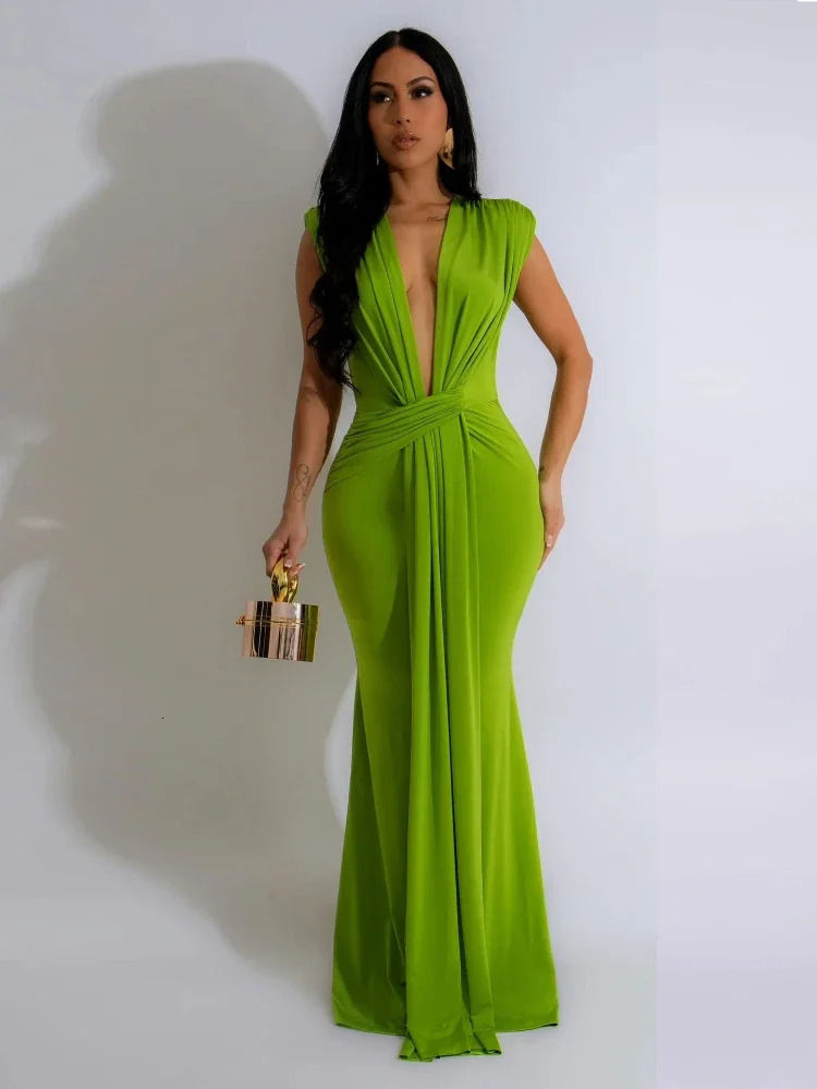 Elegant Ruched Bodycon Maxi Dresses for Women Birthday Night Party Evening Prom Deep Vneck Sheath Celebrity Formal Long Dress 240627