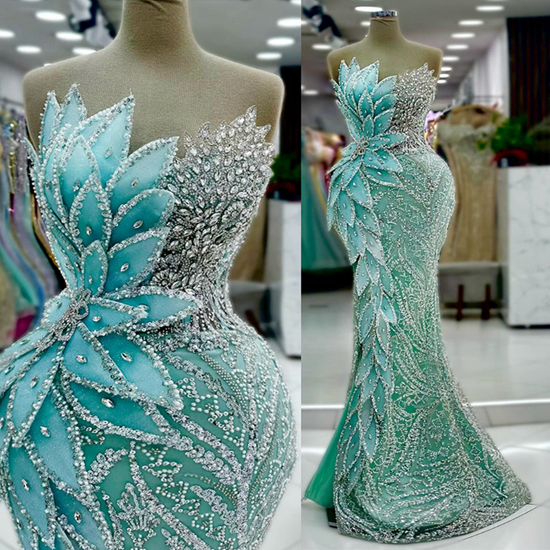 2024 Mint Mermaid Prom Dress Illusion Promdress Evening Formal Gowns for Special Occasion Beaded Rhinestones Lace Leaf Birthday Dress Second Reception