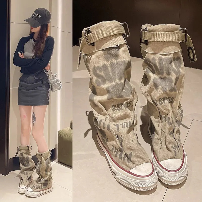 Graffiti High Top Canvas Shoes Womens Spring Boots Wide Barrel Mid Barrel Boots 2024 New Trouser Barrel Stacking Boots 240628