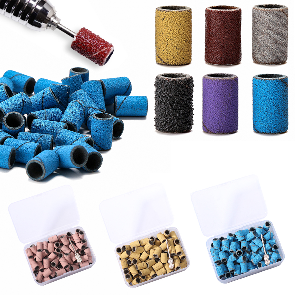 50/100/210pcs Mounted Cylindrical Grinding Heads Abrasive Sleeves Sanding Cap Bands 80# 120# 180# For Nail Drill Manicure Tools