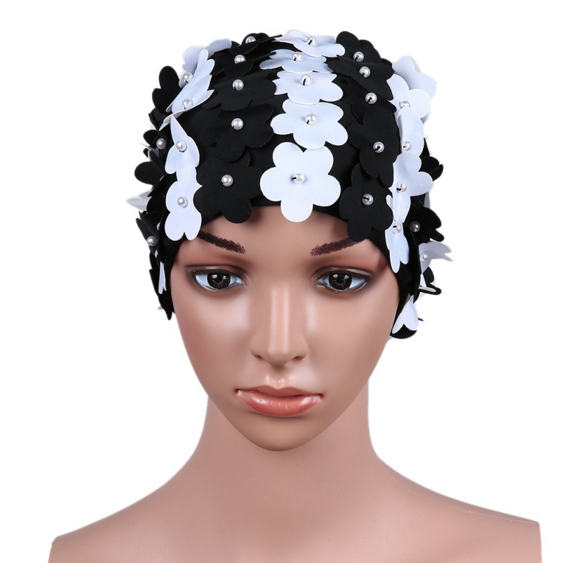 Handmade Swimming Cap Women Pearl Sewed Floral Elastic Breathable Quick Dry Bathing Hat For Long Hair