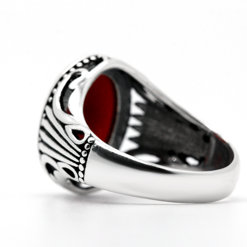 Natural Agate Ring for Men 925 Sterling Silver with Big Red Stone Vintage Rings Hollow Design for Male Women Thai Silver Jewelry