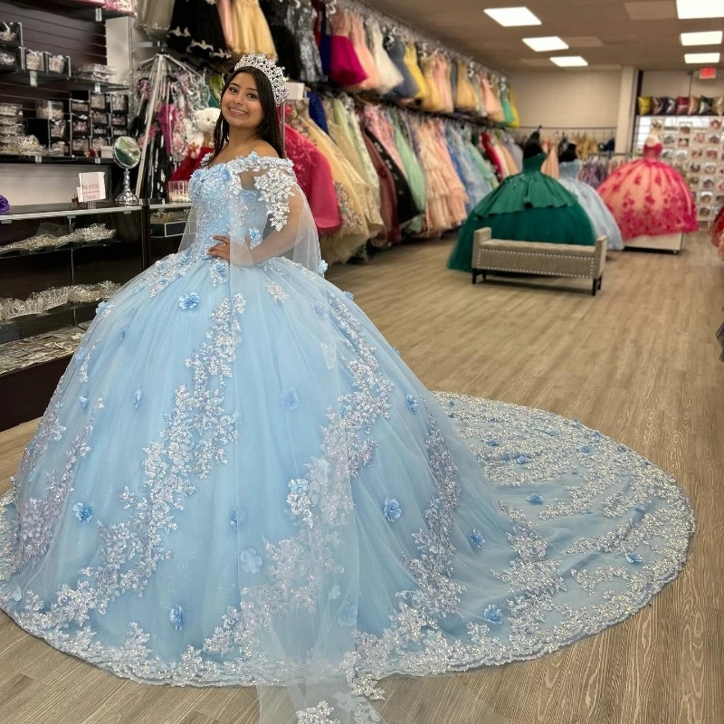 Mexico Sky Blue Off The Shoulder Ball Gown Quinceanera Dress For Girl Applique Beaded 3DFlowers Birthday Party Gowns Prom Dress