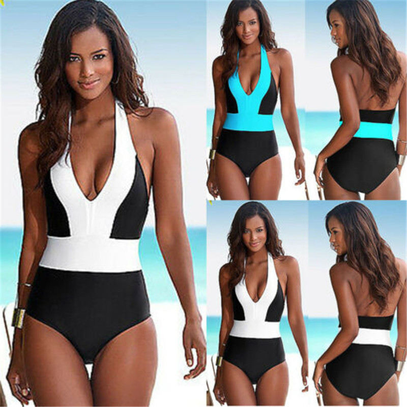 New One Piece Swimwear Women Sexy Halter Beach Wear Brazilian Swimsuit Black White Patchwork Push Up Bathing Suit Women Monokini