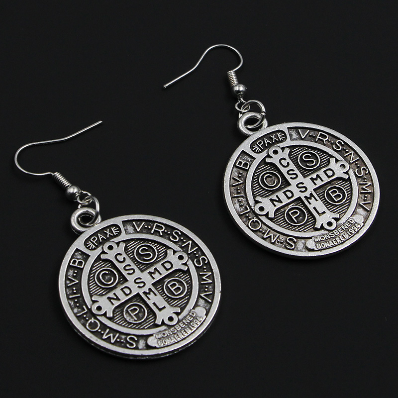VILLWICE Vintage St. Benedict Medal Earrings Women Zinc Alloy Cross Pray Dangle Earrings Catholic Jewelry Gift