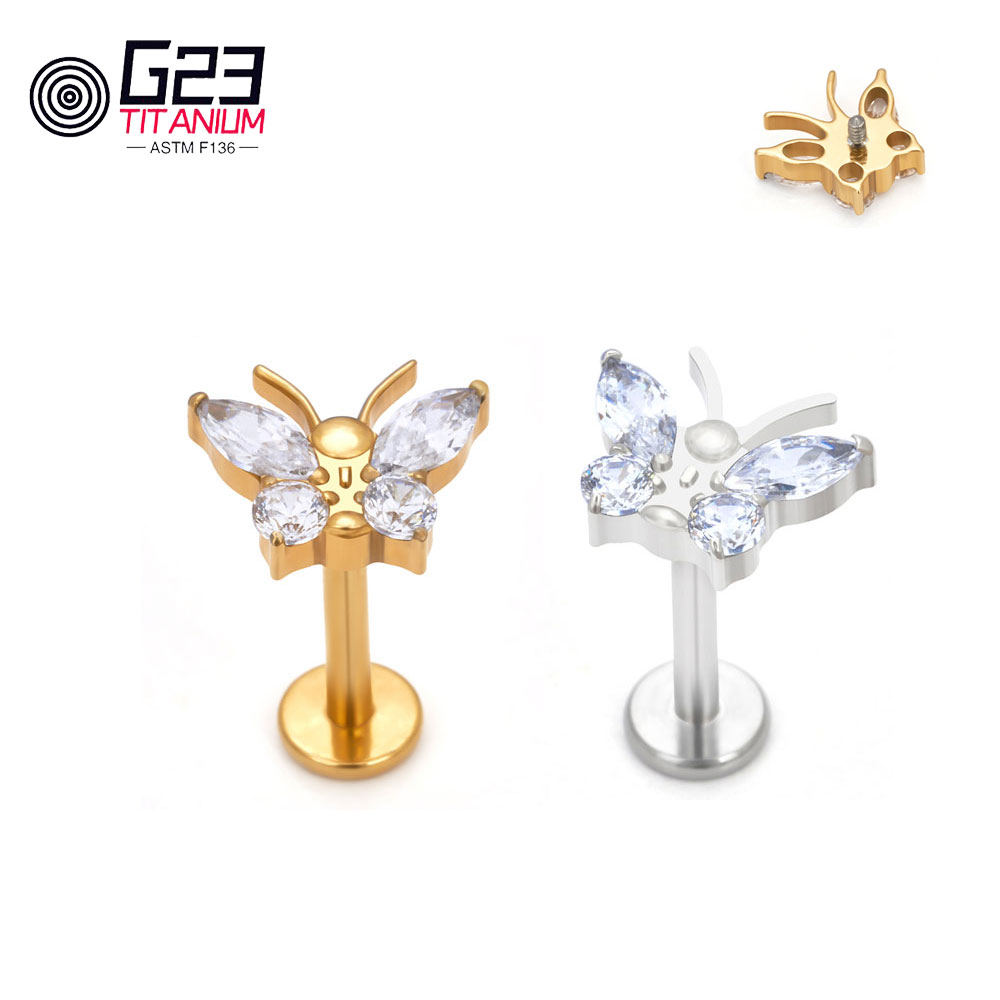 Newest Butterfly G23 ASTM F136 Titanium CZ Insect Stud Earring Labret Monroe Cartilage Helix Tragus Conch Flat body Piercing