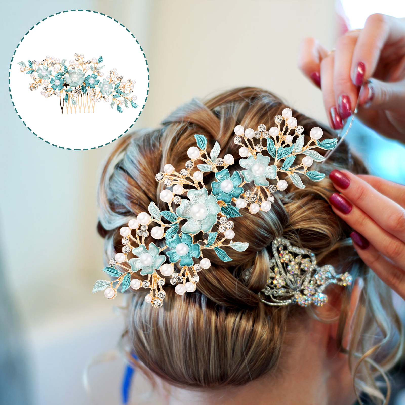 Hair Plug Tiara Headdresses for Women Rhinestone Comb Headgear Flower Bridal Headpiece Bride Hairpin