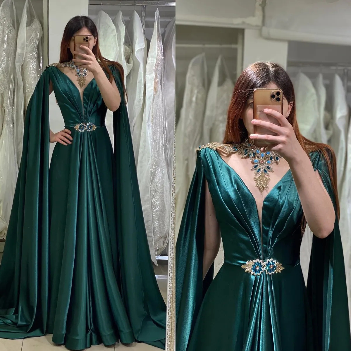 Elegant Arabic Long Evening Dresses Dark Green Cape Sleeves Pleats Empire Waist Crystals Beaded A-Line Pleats Satin Formal Party Gowns Floor Length Pr