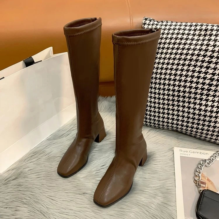 Fashion Women Black Block High Heels Long Boots Winter Warm Knee High Boots Soft Leather Thigh High Boots Shoes 240629