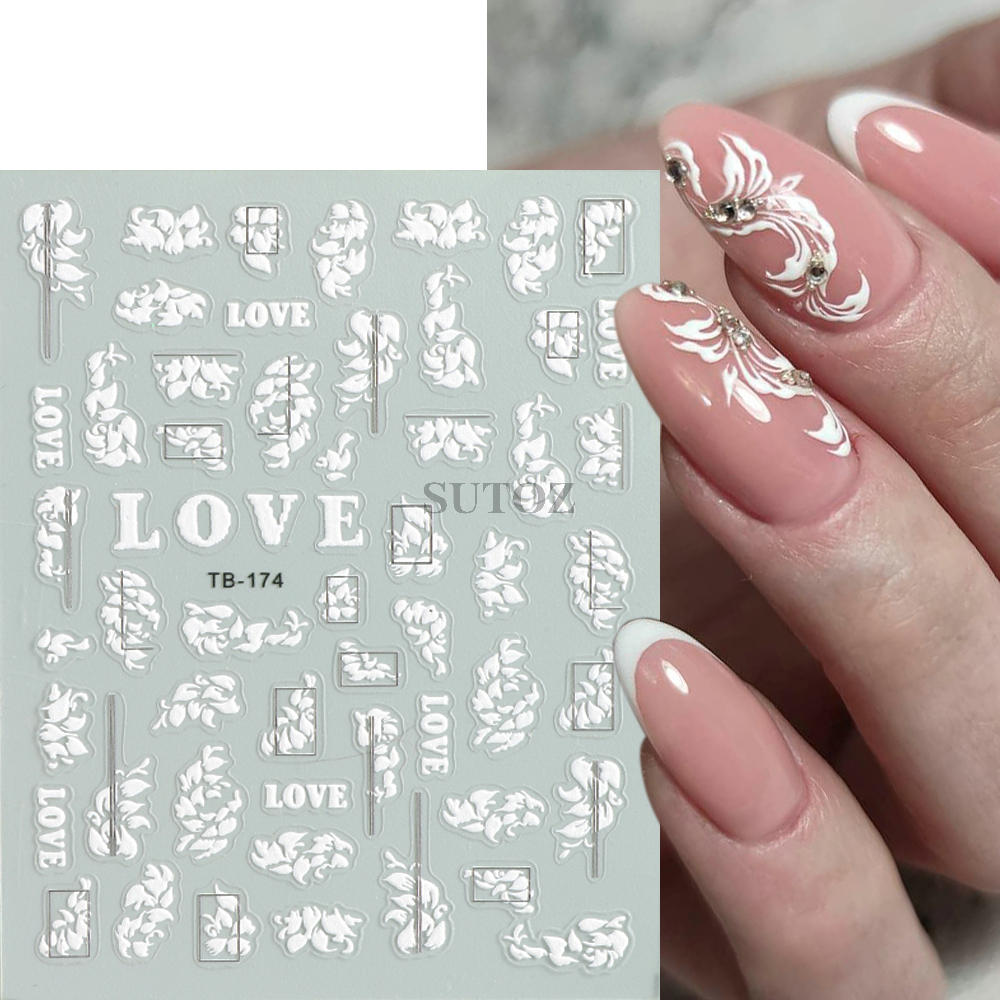 White Lace 5D Nail Stickers Bohemian Mandala Nail Decals Wedding Bride Charms Embossed Flowers Leaf Sliders Manicure Wrap GLMJ