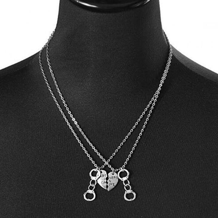 Handcuffs Split Heart Partners in Crime Couples Friendship Necklace cowboy necklace Sweater Chain Pendant Necklace