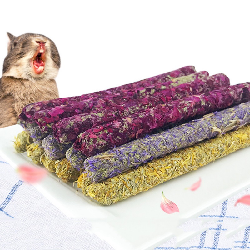 6Pcs Pets Hamster Rabbit Teeth Grinding Chew Toys Rose, Calendula, Lavender Stick Molar Natural Grass Clean Molar Snacks