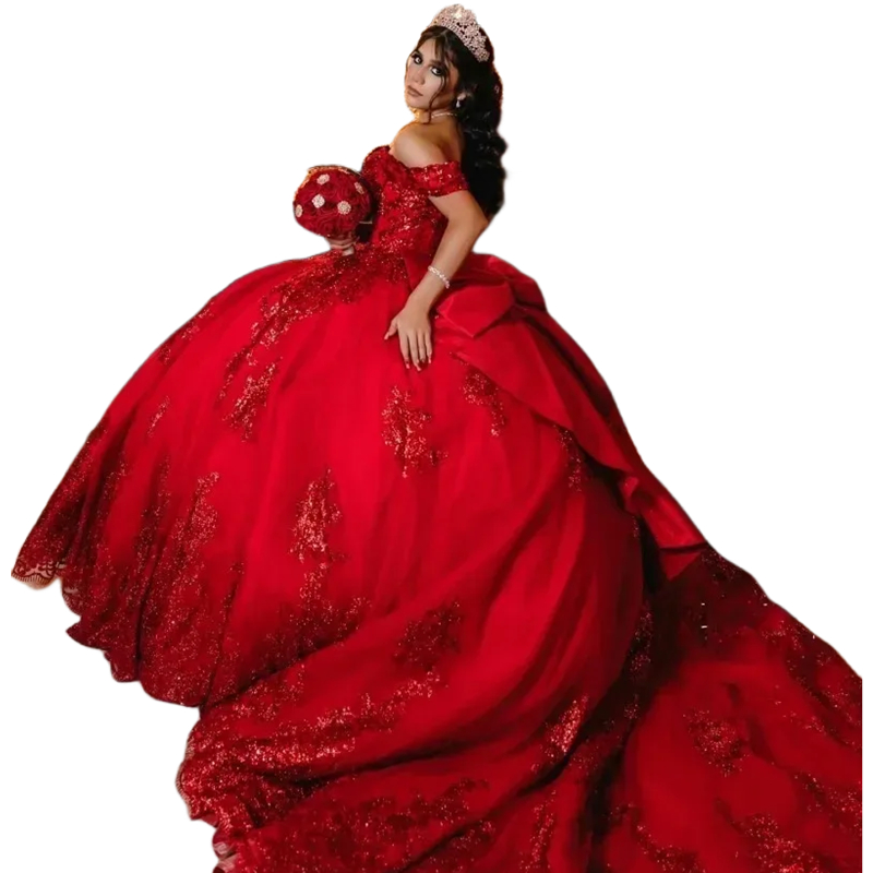Red Giltter Quinceanera Dresses 2024 Off The Shoulder Sweetheart Neck Sequins Appliques Short Sleeves Bow Princess Prom Party Ball Gowns Lace-Up Vesti