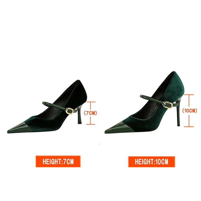 Korean Version Party 10cm 7cm High Heels Women Shoes Thin Heels Velvet Shallow Montage Pointed Toe Metal One-line Buckle Pumps 240629